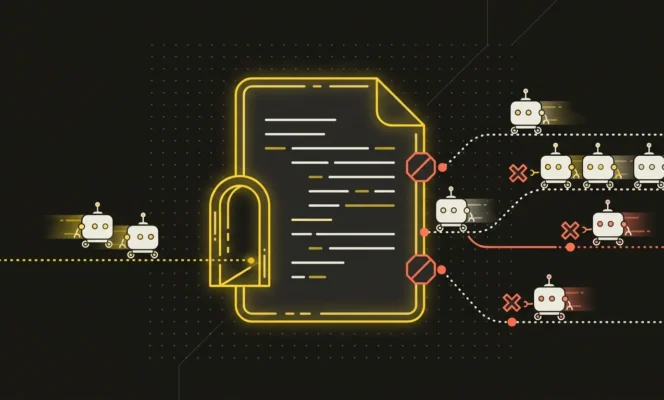 Plik robots.txt jako brama kontrolująca dostęp botów AI do strony — część crawlerów przepuszczona, część zablokowana