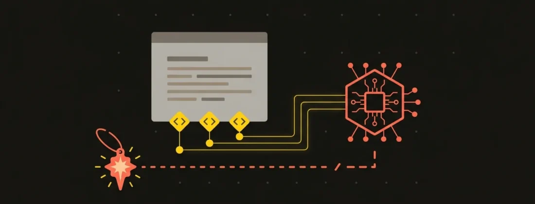 Abstract illustration showing schema.org structured data feeding page context into an AI engine, while a magic shortcut to AI visibility ends in a broken line