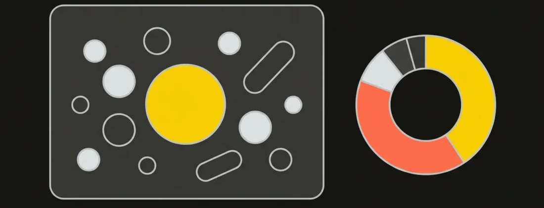 Flat Vistrix vector illustration of share of voice in AI answers: an AI answer panel holding several brand tokens with one highlighted as the dominant share of voice, beside a share ring.