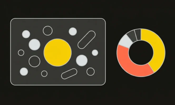 Flat Vistrix vector illustration of share of voice in AI answers: an AI answer panel holding several brand tokens with one highlighted as the dominant share of voice, beside a share ring.