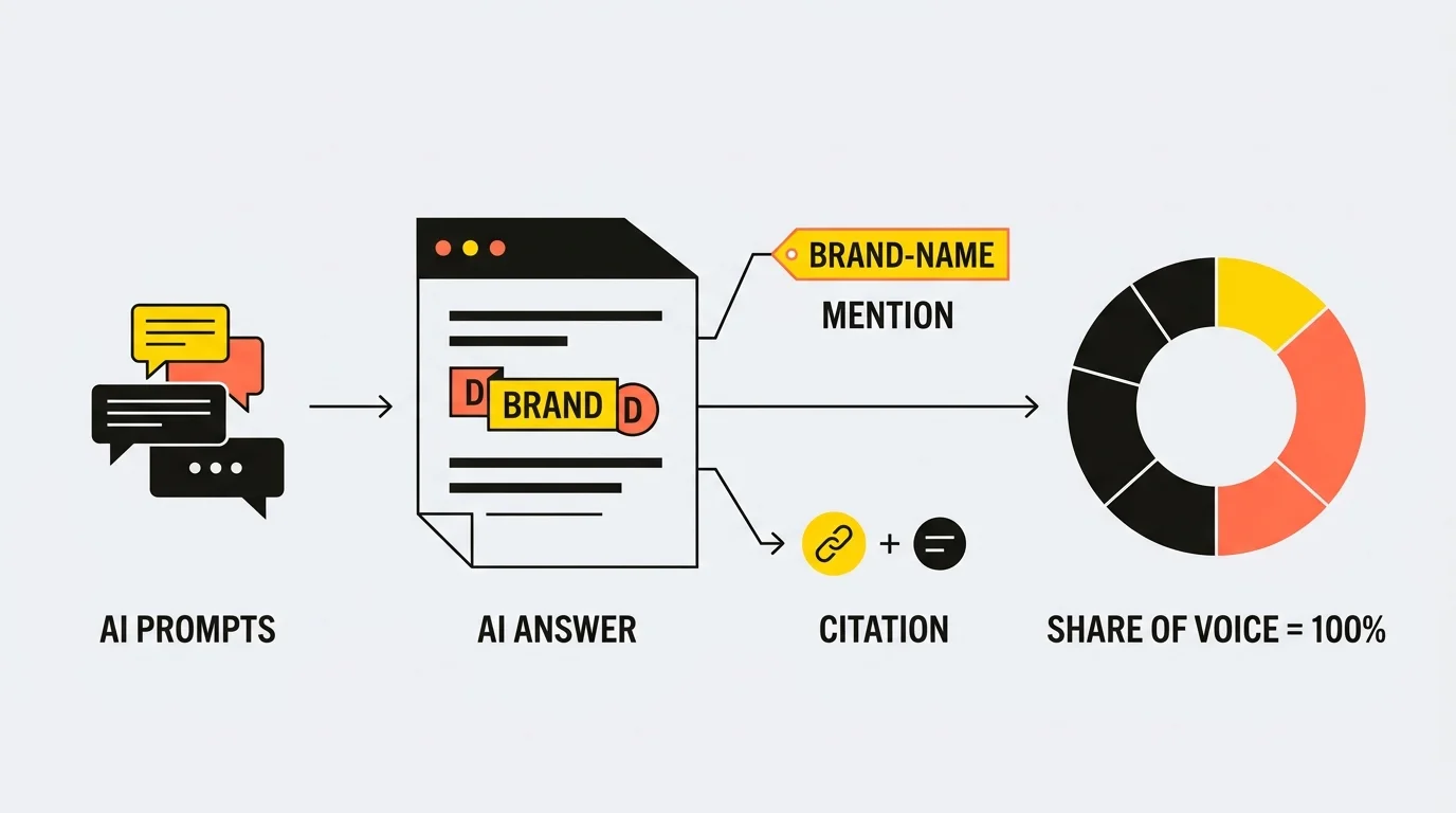 Diagram of how to measure AI share of voice: from AI prompts, through an AI answer that splits into a brand mention and a citation (source link), to a share chart adding up to 100 percent.