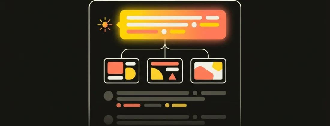 Abstract illustration of Google AI Overviews: a glowing AI-generated summary above classic search results, linked to three source pages