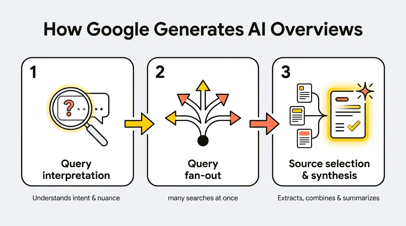 Diagram showing how Google generates AI Overviews in three steps: query interpretation, query fan-out with many searches at once, and source selection and synthesis