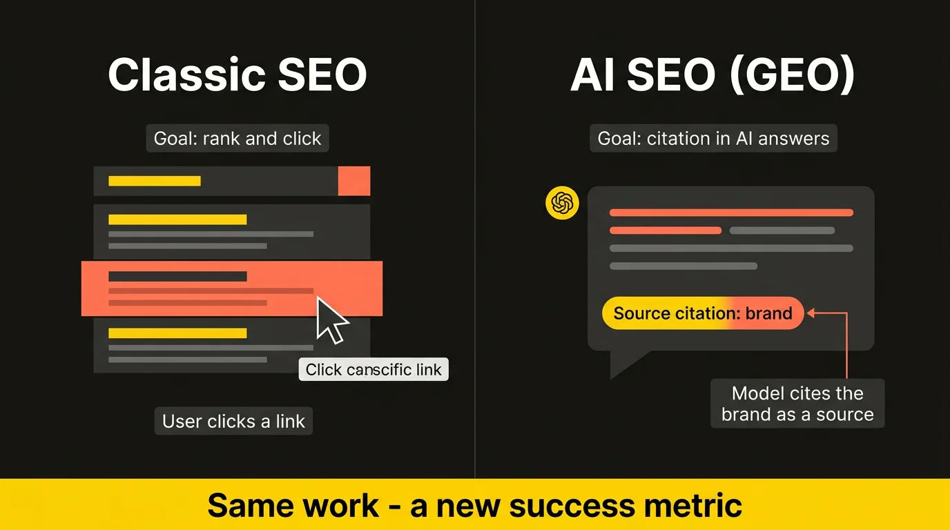 Diagram comparing classic SEO and AI SEO (GEO): classic SEO targets ranking and user clicks, while AI SEO targets brand citations as a source in AI-generated answers — the same work with a new success metric