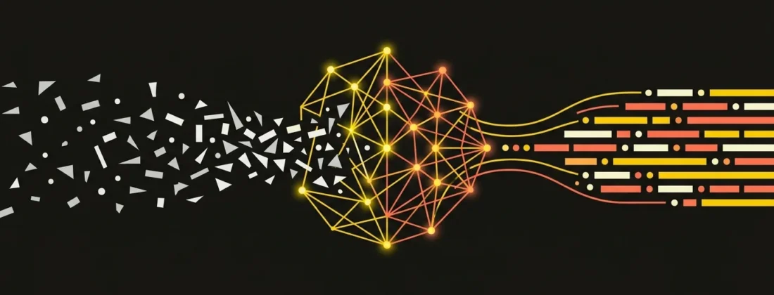 Vector illustration of a large language model (LLM): a neural network turning a stream of scattered data into ordered generated text — the engine behind ChatGPT, Gemini and other AI tools