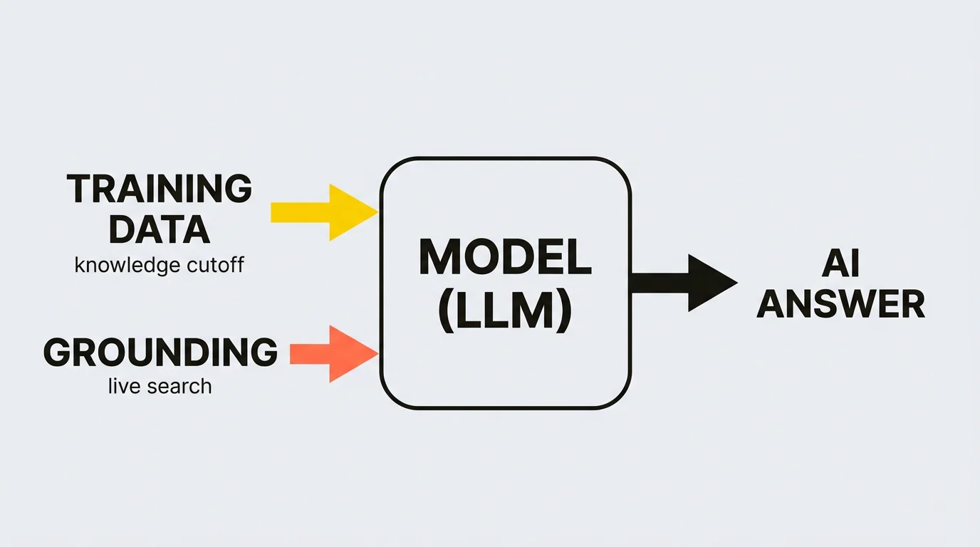 Diagram of how a large language model (LLM) works: two knowledge sources — training data with a knowledge cutoff and grounding via live search — feed the model that produces the AI answer