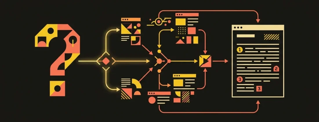Abstract concept illustration of what Perplexity is: a question flows through a network of sources and turns into a ready answer with numbered citations, symbolizing an AI-powered answer engine.